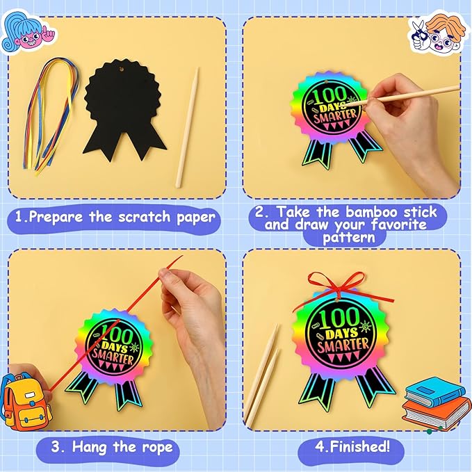 JULMELON 36 PCS 100 Days of School Scratch Art for Kids, Rainbow Magic Scratch Paper 100th Day of School Craft Kit for Kids 100th Day of School Gifts Classroom Activities Project Party Favors