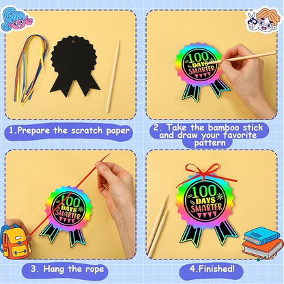 JULMELON 36 PCS 100 Days of School Scratch Art for Kids, Rainbow Magic Scratch Paper 100th Day of School Craft Kit for Kids 100th Day of School Gifts Classroom Activities Project Party Favors