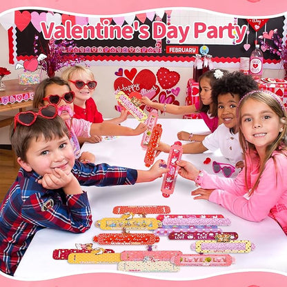 Valentines Day Gifts for Kids,24Packs Valentines Cards with Slap Bracelets Bulk,Cute Valentines Bracelet for Classroom Prizes,School Exchange Gifts Party Favors,Goodie Bags Stuffers
