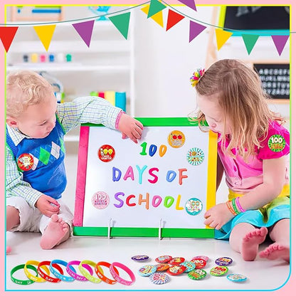 64PCS 100 Days of School Party Favors 32pcs 100 Days Smarter Button Badges Pins and 32pcs Silicone Bracelets for Happy 100th Day of School Activities Party Decorations Goodie Bag Fillers