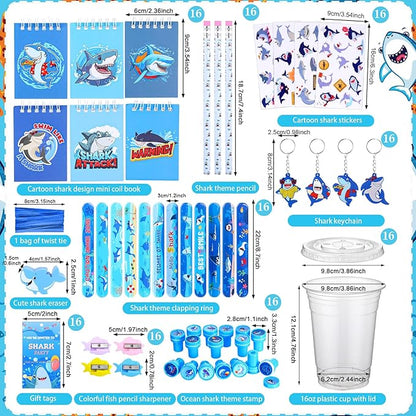 Colarr 161 Pcs Shark Party Favor Shark School Stationery Set Includes Gift Cup Notebook Pencil Sharpener Eraser Keychain Stamp Slap Bracelet Sticker Card for Shark Birthday Supplies