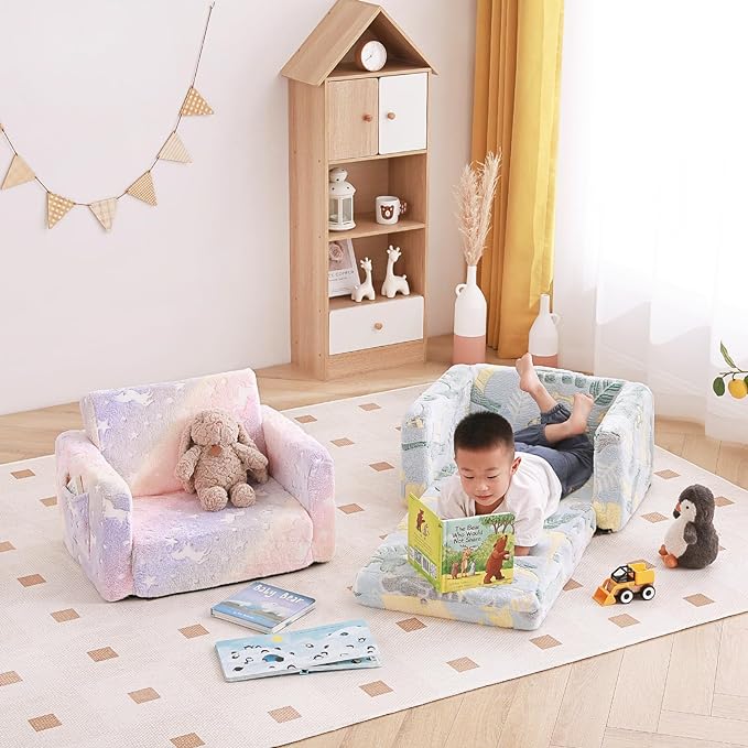 Tiita Kids Sofa, 2-in-1 Kids Sofa Chair, Convertible Children Couch to Lounger, Flip Out Kids Sofa Chair, Glow in The Dark Toddler Armrest Chair Bed for Girl or Boy (Grey Dinosaur)