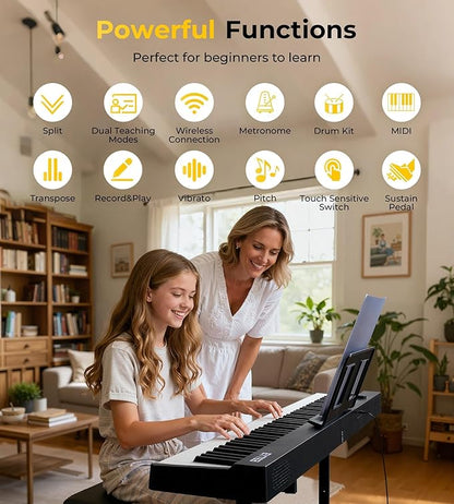 88 Key Folding Piano Semi-Weighted Foldable Piano Full Size Portable Travel Electric Piano Keyboard with BT Wireless, 128 Tones, USB MIDI, Sustain Pedal and Bag for Beginners Adults Teens