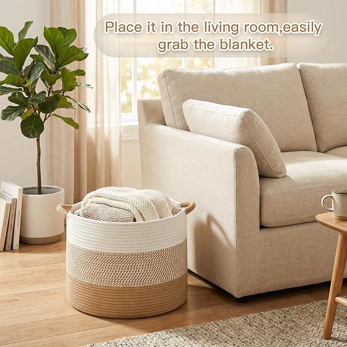 Artfeel 100L Large Cotton Rope Basket, Decorative Woven Blanket Storage for Living Room, Boho Toy Storage & Toy Box for Kids, Versatile Laundry Basket & Nursery Hamper for Blankets(Brown)