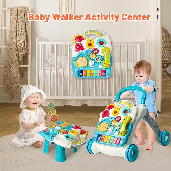 Sit to Stand Baby Walker, Activity Center with Music and Light, Activity Table for Toddlers, Push Toys for Babies Learning to Walk, Early Education Toys for Infant Boys Girls 6 Months Up