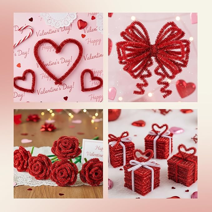 Caydo 200 Pieces Glitter Red Pipe Cleaners,Thick Fluffy Chenille Stems, Pipe Cleaner Crafts for Arts & Crafts, Perfect for Making Animals, Flowers, and Mother's Day Decorations