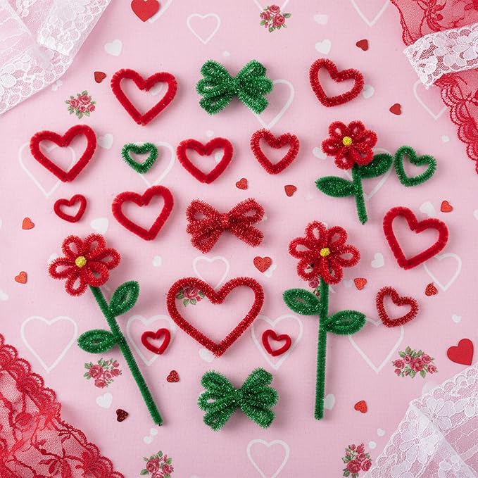 Caydo 200 Pieces Glitter Pipe Cleaners for Mother's Day Decorations, Sparkling Red and Green Chenille Stems Bulk for Flowers, Animals, Creative Art and Crafts Making