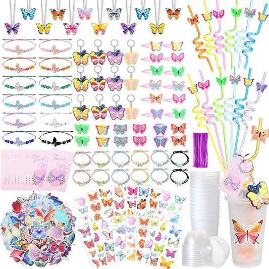 Ecally 211 Pcs Butterfly Party Favors for Girls with Butterfly Keychain Hairpins Stickers Bracelet Ring Necklace Tattoo Reusable Straws Plastic Cups with Dome Lids Tag for Kids Fairy Birthday Gift