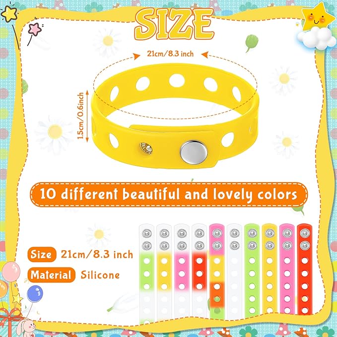 50 Pcs Silicone Bracelets Adjustable Rubber Bracelets Wristbands Cute Colorful Bracelets with Holes Charms Swimming Identify Birthday Party Gifts, 10 Colors, 8''