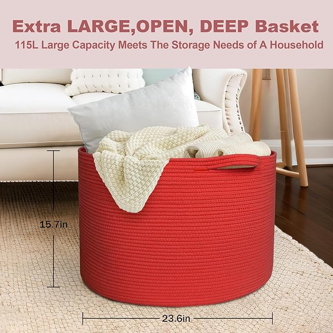 MEGASKET 115L Extra Large Red Basket for Organizing, 23.6"x15.7" Jumbo Woven Cotton Rope Bins for Blankets, Baby Nursery Laundry Basket, Kids Dog Toy Storage Box, Huge Red Living Room Decor Organizer