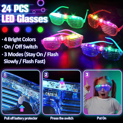 286PCS Glow in the Dark Party Supplies for Kids Adult, Light Up Party Favors with Light Up Glasses, Tubes, Hair Clips, Glow Sticks Bulk Party Pack DIY Glow Necklaces Bracelets Headband for Neon Party