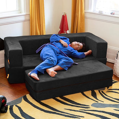 Jaxx Zipline Kids Sofa & Large Ottoman 3 in 1 Fold Out Sofa, Big Kids Edition Black