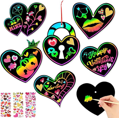 FEBSNOW Valentines Crafts for Kids, 48 PCS Heart Rainbow Magic Scratch Art Valentines Day Cards for Kids Classroom Scratch Paper Art for Valentines Day Gifts Party Favors witn Heart Stickers