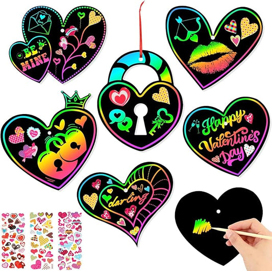 FEBSNOW Valentines Crafts for Kids, 48 PCS Heart Rainbow Magic Scratch Art Valentines Day Cards for Kids Classroom Scratch Paper Art for Valentines Day Gifts Party Favors witn Heart Stickers