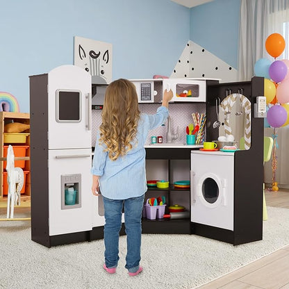 Lil' Jumbl Kids Corner Kitchen Set, Pretend Wooden Deluxe Play Kitchen, Battery Operated Icemaker, Stovetop & Faucet with Realistic Sound - Black