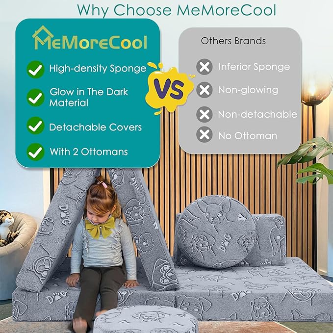 MeMoreCool Glow-in-The-Dark Dog Pattern Kids Play Couch, 8-Piece Modular Fold-Out Toddler Sofa for Playroom Fun
