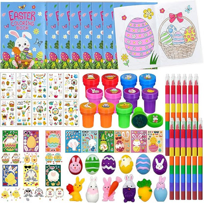72 Pcs Easter Party Favors Easter Egg Bunny Rabbit School Exchange Gifts Coloring Books Stacking Crayons Tattoo Puzzle DIY Sticker Stampers Class Reward Prizes for Spring Easter Party Supplies
