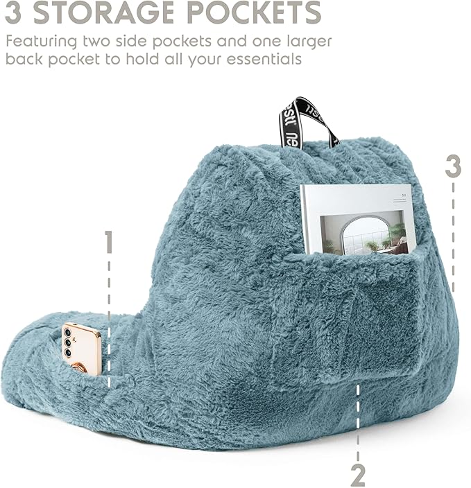 Nestl Fur Reading Pillow, Stylish Back Pillow for Bed Sitting Up, Faux Fur Bed Chair Pillow with Arms, Reading Pillows for Sitting in Bed Adult & Kids, Back Support Pillow for Bed Rest - Stone Blue