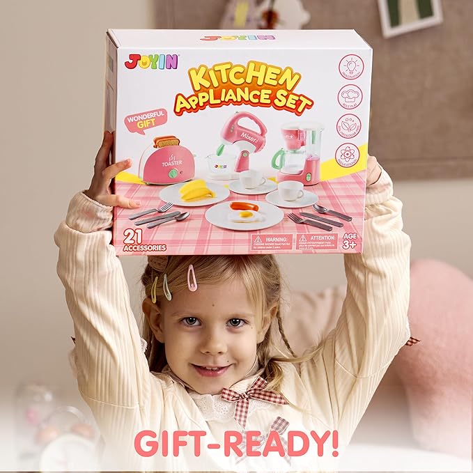 Joyin Play Kitchen Toys, Pretend Play Kitchen Appliances Toy Set with Coffee Maker, Mixer, Toaster with Realistic Lights& Sounds, Birthday Gift for Kids Ages 3+, Pink