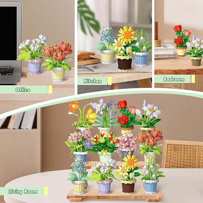 POKONBOY 12 Pack Flower Botanical Bonsai Building Set, Micro Mini Blocks Artificial Flowers DIY Plant Model for Adults, Botanical Collection Home Décor Christmas Birthday Gift (2531 Pcs)