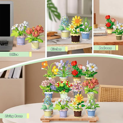 POKONBOY 12 Pack Flower Botanical Bonsai Building Set, Micro Mini Blocks Artificial Flowers DIY Plant Model for Adults, Botanical Collection Home Décor Christmas Birthday Gift (2531 Pcs)