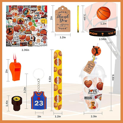 Basketball Party Favors 170 Pcs Basketball Birthday Party Decoration With Cups Straws Slap Bracelets Whistles Stress Balls Wristbands Keychains Stamps Stickers Thank you Tags (Basketball)