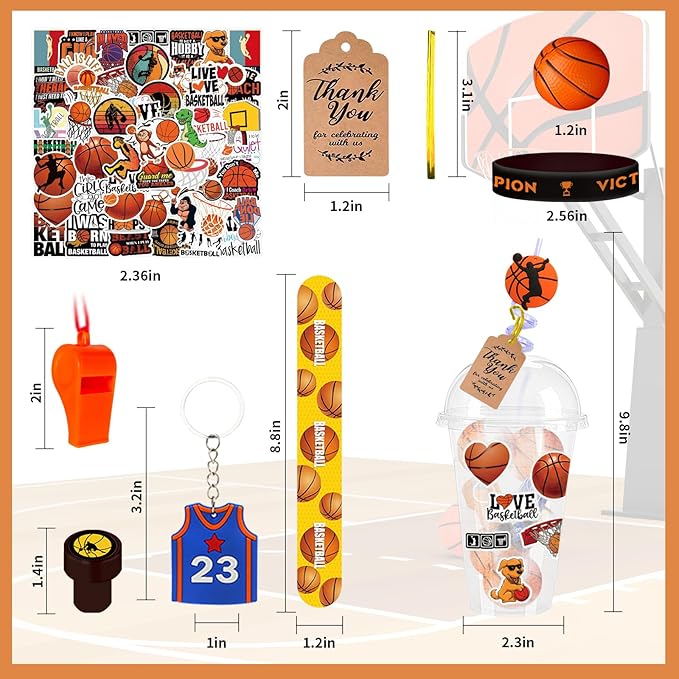 Basketball Party Favors 170 Pcs Basketball Birthday Party Decoration With Cups Straws Slap Bracelets Whistles Stress Balls Wristbands Keychains Stamps Stickers Thank you Tags (Basketball)