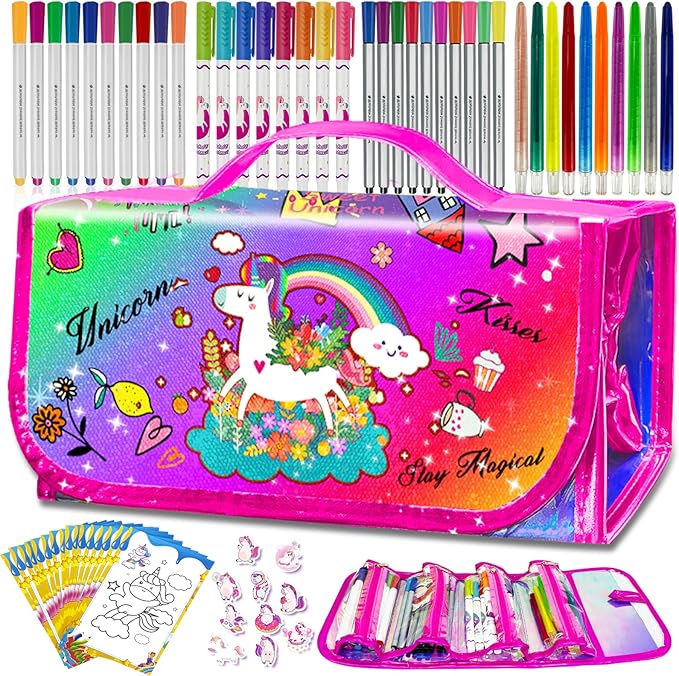 Kids Washable Scented Markers Set with Pencil Case, Kids Art Supplies Unicorn Markers Drawing Kits with Coloring Paper & Stickers for 4-8 Years Old Girls Birthday Gifts (Rainbow Unicorn, Multicolor)