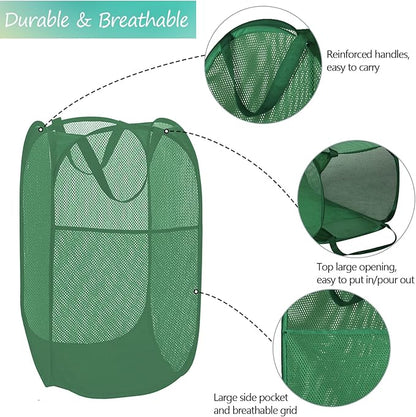 BATTOO Deluxe Strong Mesh Pop up Laundry Hamper Basket with Side Pocket for Laundry Room, Bathroom, Kids Room, College Dorm or Travel Green
