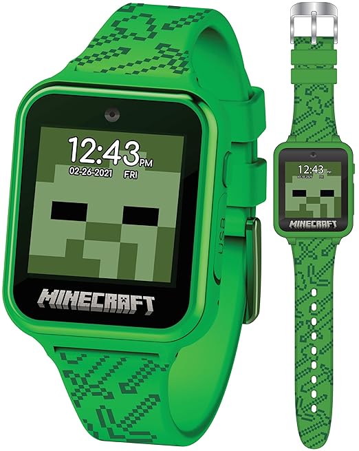 Accutime Microsoft Minecraft Green Educational Learning Touchscreen Smart Watch Toy for Boys, Girls, Toddlers - Selfie Cam, Learning Games, Alarm, Calculator, Step Tracker & more! (Model: MIN4045AZ)