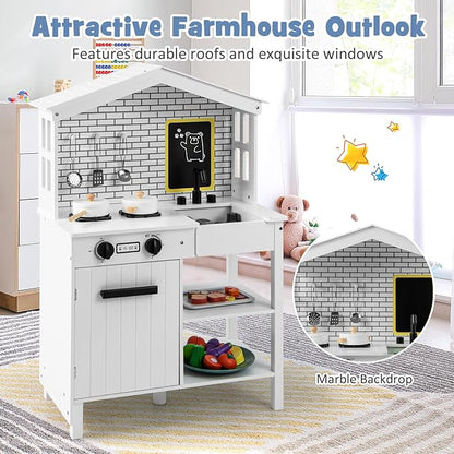 HONEY JOY Kids Kitchen Playset, Farmhouse Pretend Play Toddler Kitchen Set for Kids w/Chalkboard, Marble Backdrop, Window, Storage Shelf, Wooden Play Kitchen for Toddlers, Gift for Boys Girls, White