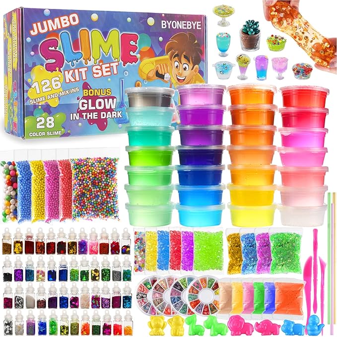 126 Pcs DIY Slime Making Kit for Girls Boys - Birthday Idea for Kids Age 5+. Ultimate Slime Supplies Include 28 Crystal Slime, 2 Glow in The Dark Powder, 48 Bottle Glitter Jar etc.