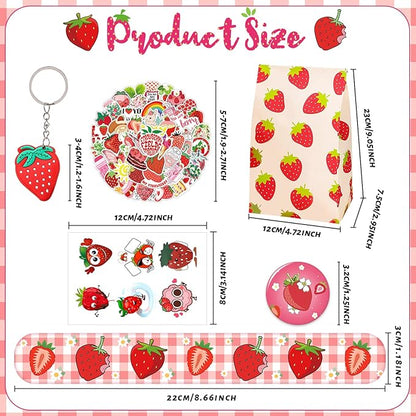 Strawberry Party Favors 110PCS Strawberry Theme Slap Bracelets Stickers Key Chains Badge Gift Bags Temporary Tattoos for Kids Baby Shower Berry First Birthday Party Supplies Decorations