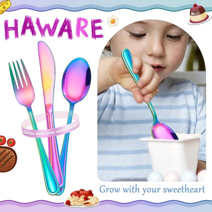 HaWare 12-Piece Kids Silverware, Stainless Steel Toddler Utensils Flatware Set, Preschooler Eating Utensils Includes 4 Spoons 4 Forks 4 Knives, Metal Children Cutlery for Home School, Mirror Finished