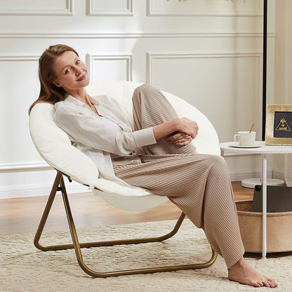 Sweetcrispy Cozy Saucer Chairs Faux Fur Living Room Reading Lounge Furniture Folding Comfy with Soft Thick Padded Seat Metal Frame Modern Style for Bedroom Home Adults, X-Large - White