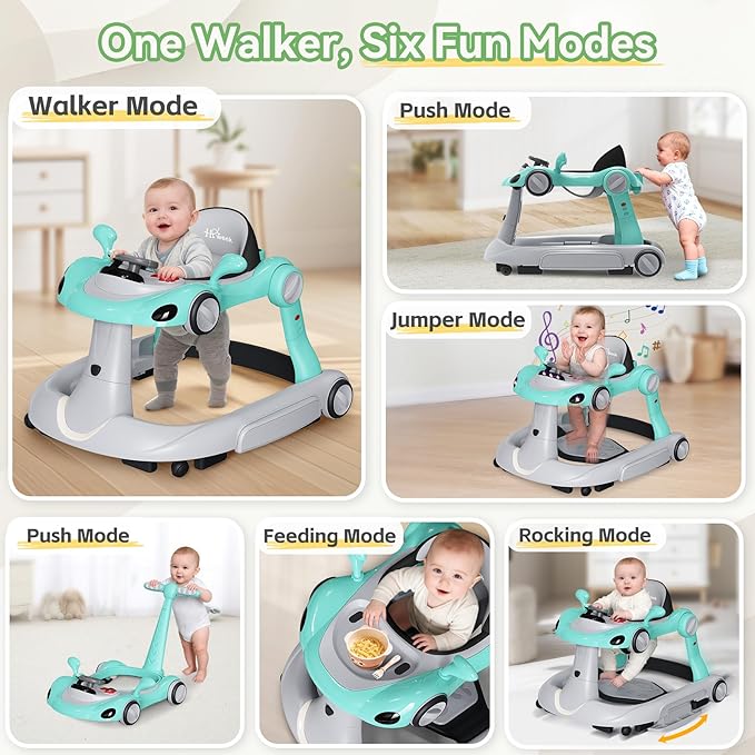 Baby Walker with Wheels, 7-in-1 Foldable Baby Walkers for Boys Girls 6-12 Months with Feeding Tray & Music, Lights,Rocker,Sun Canopy, Bouncing Pedal, Adjustable Wheel Speed, Push Walker(Green)