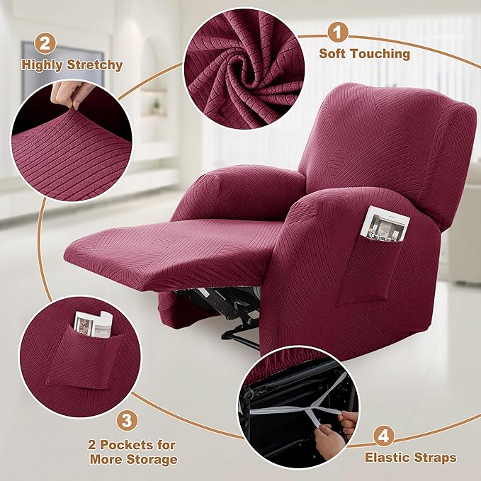 Jin Le Recliner Covers Striped Jacquard Recliner Couch Covers Recliner Sofa Slipcovers Furniture Protector Covers for Pet Kid with Elastic Straps Bottom-Wine