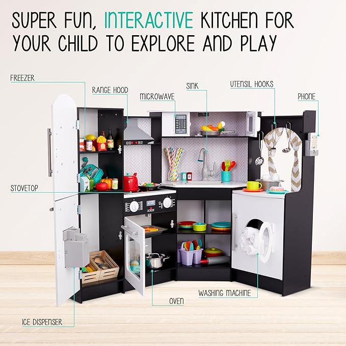 Lil' Jumbl Kids Corner Kitchen Set, Pretend Wooden Deluxe Play Kitchen, Battery Operated Icemaker, Stovetop & Faucet with Realistic Sound - Black