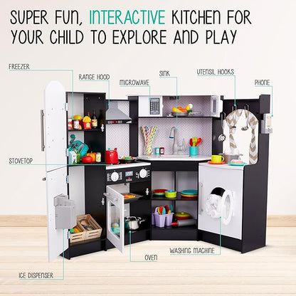 Lil' Jumbl Kids Corner Kitchen Set, Pretend Wooden Deluxe Play Kitchen, Battery Operated Icemaker, Stovetop & Faucet with Realistic Sound - Black