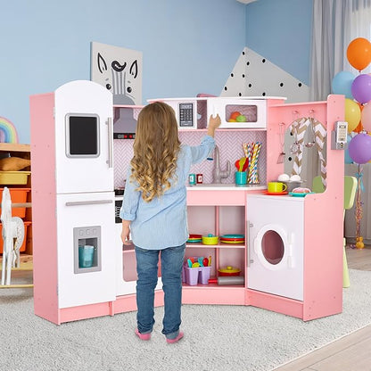 Lil' Jumbl Kids Corner Kitchen Set, Pretend Wooden Deluxe Play Kitchen, Battery Operated Icemaker, Stovetop & Faucet with Realistic Sound - Pink