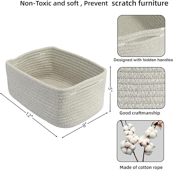 XUANGUO Small Woven Storage Baskets 12“X8”X5“ Decorative Rope Bins for Organizing Shelves, Closets, and Toys, Empty Gift Baskets, Cute Organizer Basket for Home and Office (grey, regular)