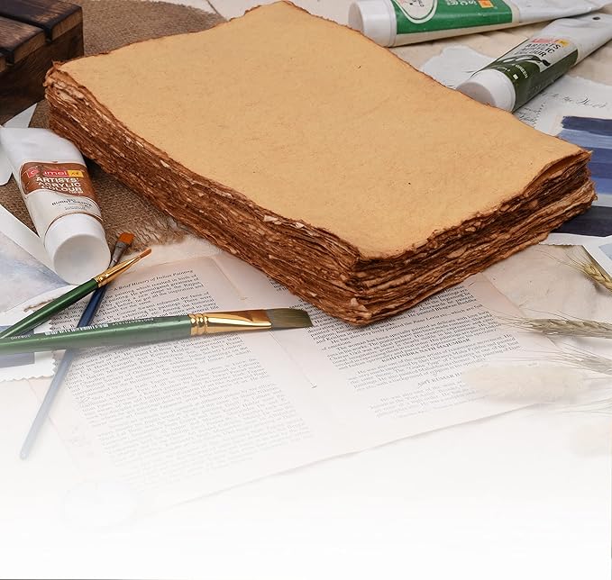 LEATHER VILLAGE Watercolor Paper - 9.5 X 12 inches, 50 Sheets - Mixed Media Watercolor Paper - 150 GSM Thick Deckle Edge Virgin Cotton Handmade Paper - Vintage Toned