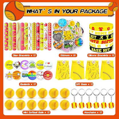 122Pcs Softball Party Favors Softball Goodie Bags Stuffers with Stress Ball Keychain Sticker Badges Silicone Bracelet for Softball Birthday Party Decorations