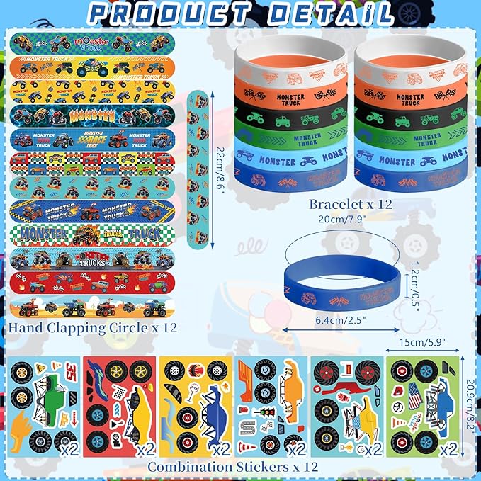 KEFAN Monster Truck Party Favor Supplies including Cartoon Monster Truck Theme Gift Bags, Wristbands, Stickers, Badge, for Monster Truck Theme Boy's Birthday Party Gift