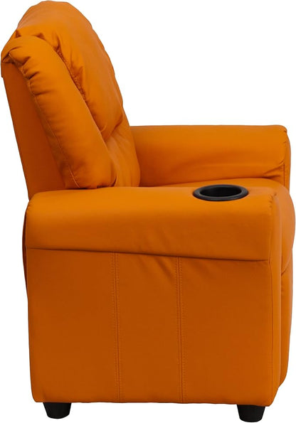 Flash Furniture Vana Vinyl Kids Recliner with Cup Holder, Headrest, and Safety Recline, Contemporary Reclining Chair for Kids, Supports up to 90 lbs., Orange