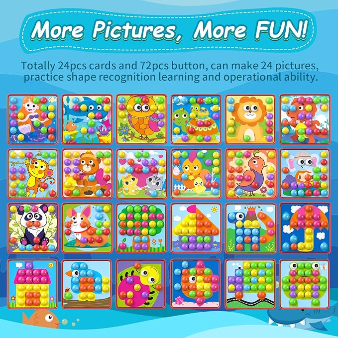 Geekper 96 PCS Button Art Toys for Toddlers, Color Matching Mosaic Pegboard Early Learning Educational Toys for 3, 4, 5, 6 Year Old Kids Boys and Girls Gifts, Including 24 Pictures and 72 Buttons