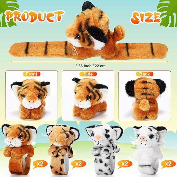 Lenwen 8 Pcs Stuffed Animal Slap Bracelets for Kids Plush Animals Slap Bracelets Bulk Cute Tiger Giraffe Turtle Koala Bracelets Wrist Animals for Girls Boys Valentine's Day Party