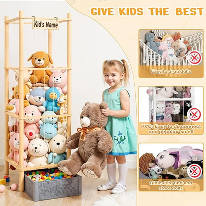 Stuffed Animal Storage with Toys Tray, 57In Large Wooden Stuffy Plushies Storage Holder Extra Large Capacity Stuffed Animals Zoo Organizer for Toddler Rooms, Playrooms & Bedrooms