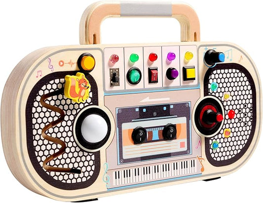Busy Board Toys for 1 2 3 4 Year Old, Wooden Sensory Sensory Toy with Musical LED Lights Switches Motor Skills Developmental Early Educational Travel Baby 12-18 Month Toddler Birthday Gifts