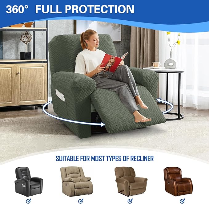 MAXIJIN Recliner Cover Slipcovers for Living Room 4 Pieces Stretch Jacquard Recliner Chair Cover Soft Fitted Recliner Protector with Elastic Bottom for Kids, Pets (Recliner, Army Green)